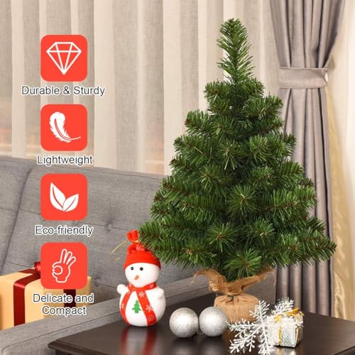 2FT Artificial Christmas Tree with Burlap Base - Green Tabletop Holiday Tree