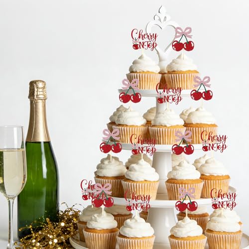 24 Pcs Cherry Cupcake Toppers Glitter Sweet Cherry Cake Decorations