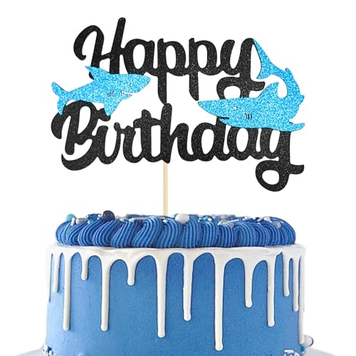 Blue Glitter Shark Happy Birthday Cake Topper for Ocean Parties