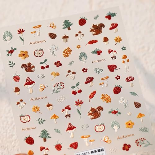 5D Fall Nail Stickers Autumn Maple Leaf & Squirrel Self-Adhesive Decals