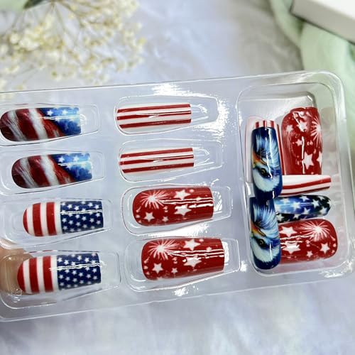 4th of July Medium Coffin Press on Nails - USA Flag & Star Design
