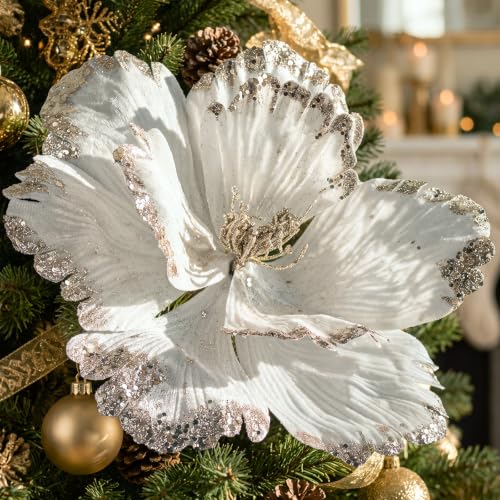 Elegant White Christmas Poinsettia Magnolia Flowers Decor - 6 Pieces Extra Large