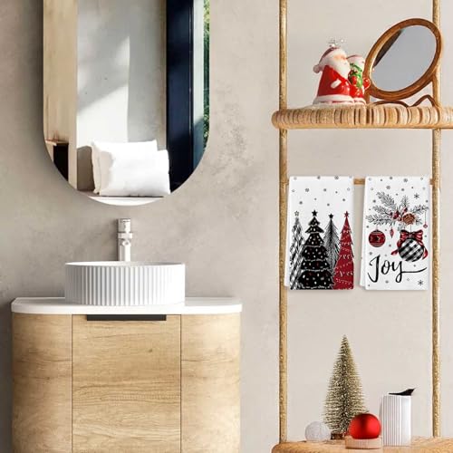 KORVITA Christmas Hand Towels, 2-Piece Set, Black and Red Tree Design
