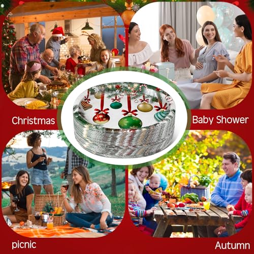 Christmas Ball Pattern Oval Paper Plates 10x12 Inches - Green, 100 Pack