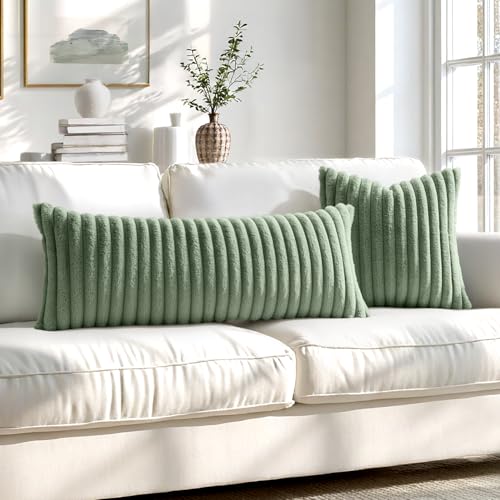 MIULEE Faux Fur Throw Pillow Covers 18x18 Sage Green, Set of 2