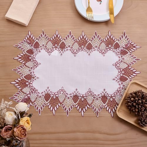 Dark Red Linen Lace Placemats Set of 2 - 14x20 Inches, Elegant Table Decor