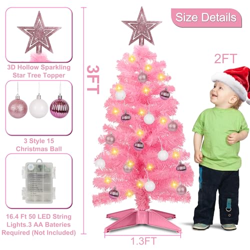 Pink 3ft Artificial Christmas Tree with 12 Modes Dual Color Lights and Ornaments - Variation Pink 2