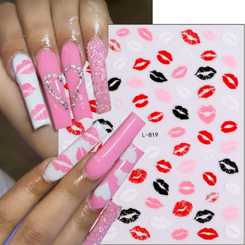 GUAACCB 6 Sheets Valentines Nail Stickers 3D Love Heart Red Lips Bow Decals