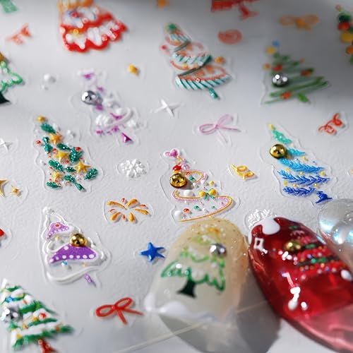 SHUXILIN 5D Embossed Christmas Tree Nail Stickers Self-Adhesive Holiday Decals