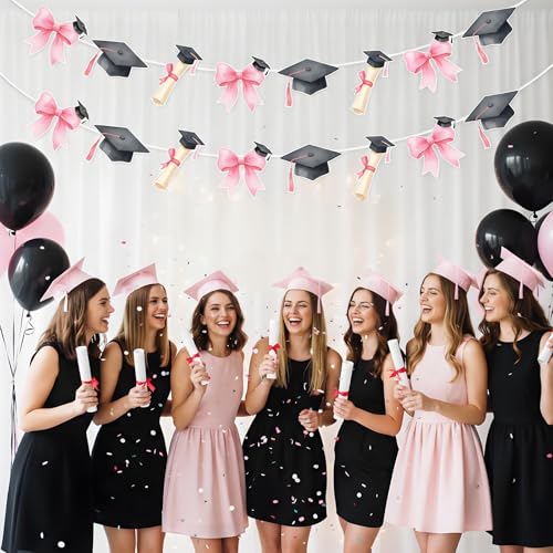 2026 Graduation Banner Set - Pink Bow & Black Cap Garland