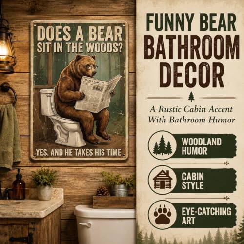 Funny Bear Outhouse Bathroom Sign - 8x12 Inch Wall Art