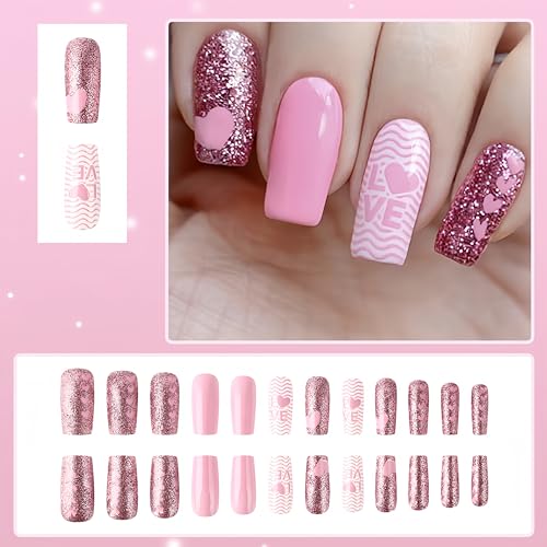 Pink Heart Press on Nails Medium Square Fake Nails with Glitter