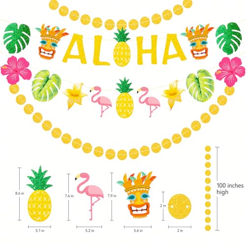 Tropical Aloha Party Banner Set with Gold Glitter Flamingo & Pineapple
