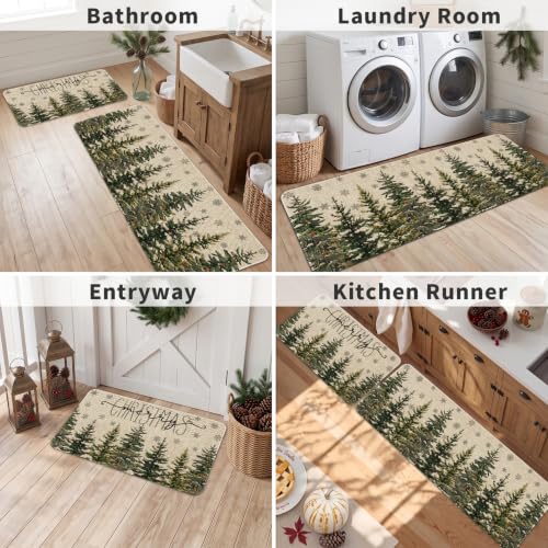 Christmas Kitchen Mats Set of 2 Non Slip Washable Pine Tree Christmas Rugs - Indoor Holiday Decor