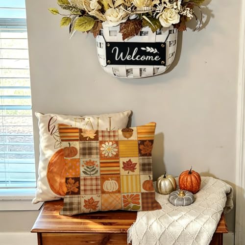Fall Outdoor Pillow Cover 18x18, Waterproof Pumpkin Plaid Decor