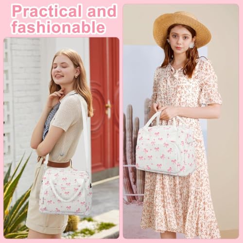 Large Pink Bow Insulated Lunch Bag with Adjustable Shoulder Strap