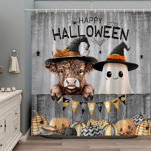 Halloween Ghost Shower Curtain - Funny Highland Cow & Pumpkin Design, 70x70 Inch
