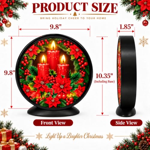 Christmas Candles - No Music Lighted Holiday Centerpiece with Poinsettia & Candle Design - Wall & Tabletop Decor