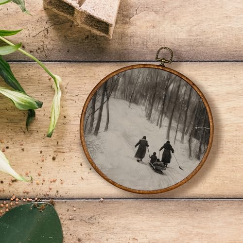 KSDUT Vintage Winter Snowy Sleigh Framed Round Wall Art 10"x10"