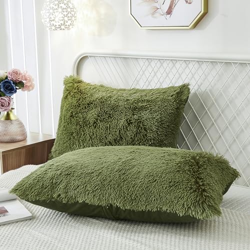 Fluffy King Size Pillowcases Set of 2 Faux Fur Covers - Sage