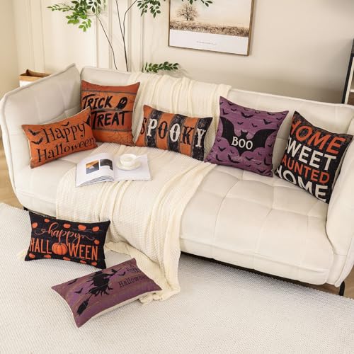 TRENDIN Halloween Decorative Pillow Cover, 12x20 Linen Cushion for Couch & Bed