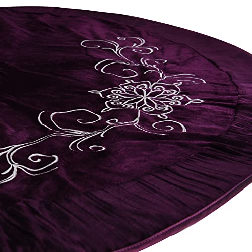 50 Inch Velvet Christmas Tree Skirt with Embroidered Flowers and Pleat Border - Purple