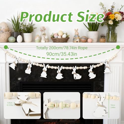 Easter Bunny Wooden Bead Garland - 6.56ft Rustic Banner for Home Decor