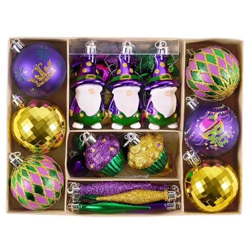 Valery Madelyn Mardi Gras Ball Ornaments Set - Purple, Green, Gold Holiday Decorations, 40 Pieces