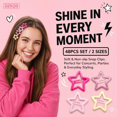 Pink Star Hair Clips 48pcs Y2K Cute Snap Barrettes in 2 Sizes