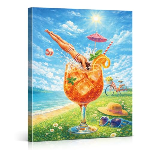 Summer Coastal Cocktail Wall Art Canvas - Woman Diving Into Cocktail - Framed 8x10 Inch - Cute-9