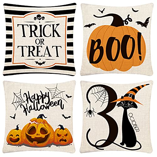 Halloween Pillow Covers Set of 4 - 18x18 Linen Cushion Covers