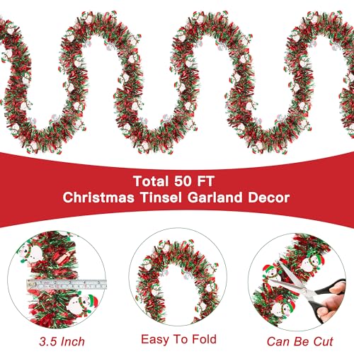 50FT Red Green Christmas Tinsel Garland with Snowman Ornaments - Metallic Xmas Decor