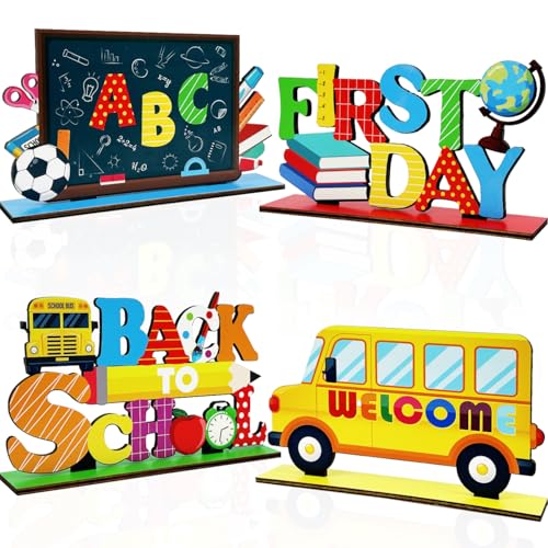 Back to School Wooden Table Decorations - 4 Pack Classroom & Party Decor