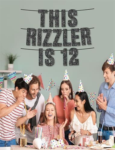 Pre-Strung Black Glitter Birthday Banner for 12th Party