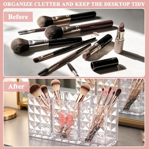 Chic Acrylic Makeup Brush Holder with Pink Bow - 3 Compartment Organizer