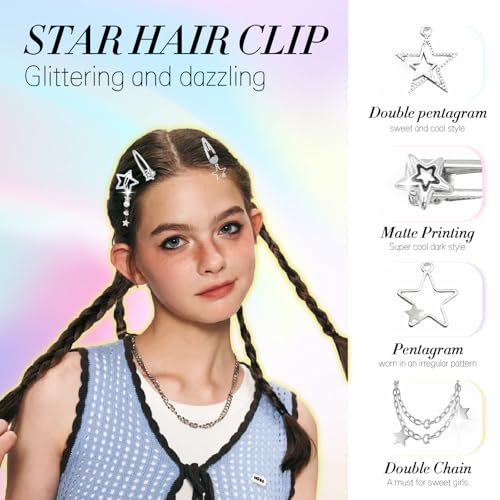 Y2K Silver Star Hair Clips 10-Piece Metal Barrette Set for Women