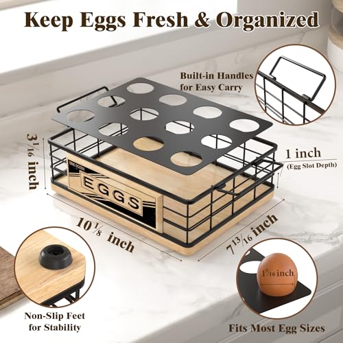 Farmhouse Egg Holder Countertop with Oak Wood & Metal - Natural & Black