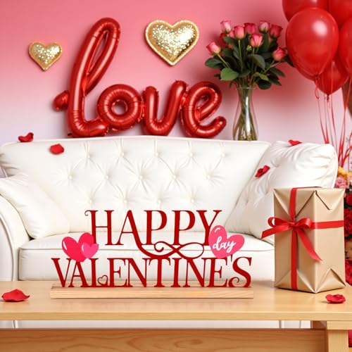 Happy Valentine's Day Metal Sign with Wooden Base - Romantic Decor