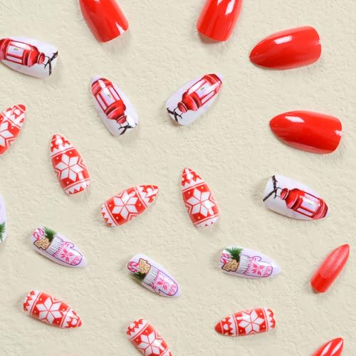 SWEKKE Christmas Short Almond Press on Nails Glossy Winter False Nails