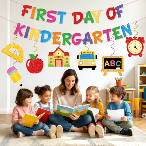 Sereliy Kindergarten First Day Decorations Kit - Colorful Banner & Hanging Swirls