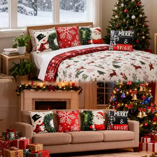 Haundry 4-Piece Christmas Pillow Covers, 18x18 Inch Red & White Holiday Set