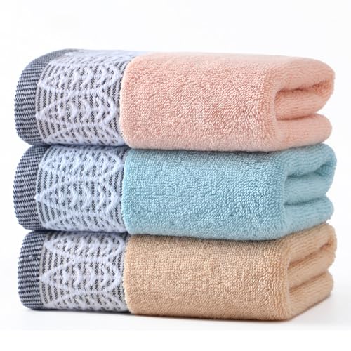 Leaf Print Hand Towels 3 Pack - Blue Beige Pink Cotton Soft