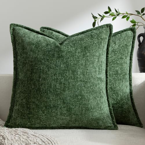 DEZENE Pack of 2 18x18 Forest Green Chenille Throw Pillow Covers for Couch & Bed