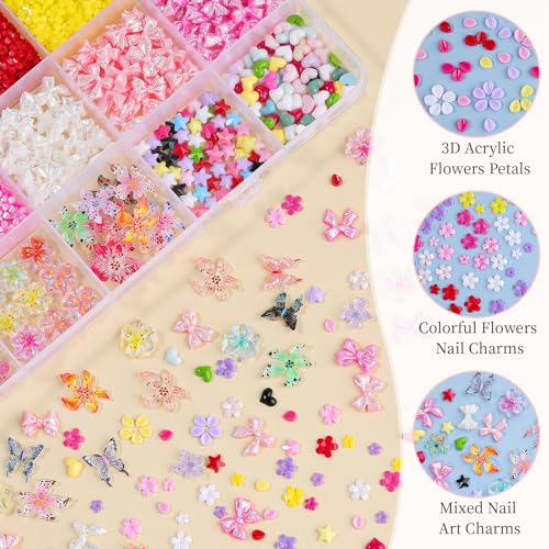 Umillars 3D Flower Nail Charms Set with Tweezers - Colorful Spring Resin Cherry Blossom Flatback Petals for Nail Art DIY Crafts