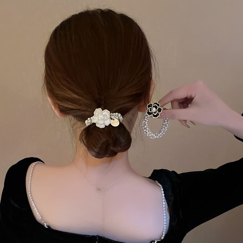 Camellia Pearl Hair Ties 2 Pcs High Elastic Ponytail Holders