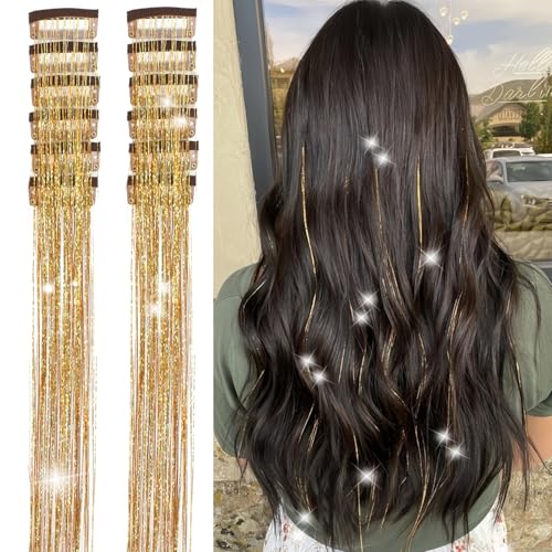 Clip in Hair Tinsel Extensions 23.6 Inch 12 Pcs Gold Fairy Hair Sparkle Kit