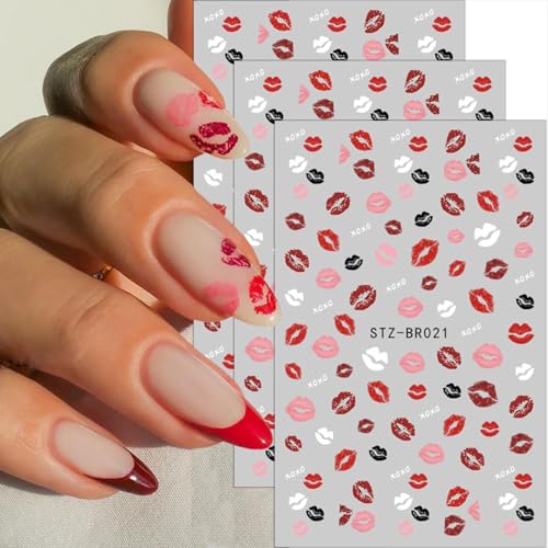 Valentine Nail Stickers - 6 Sheets 3D Self-Adhesive Heart & Lip Decals