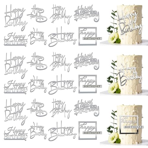 24PCS Silver Happy Birthday Cake Toppers | Mirrored Acrylic Decorations Set