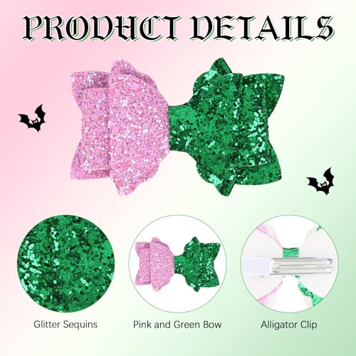 ANBALA 6-Piece Witch Hair Bow Clips - Pink & Green Glitter Hair Accessories