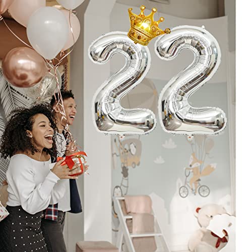 32 Inch Silver Number 22 Foil Balloon with Mini Crown - Birthday Party Decoration